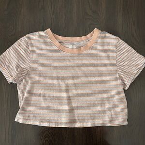 BDG Urban Outfitters Striped Boxy Cropped Shirt Tan Navy White Sz S 100% Cotton